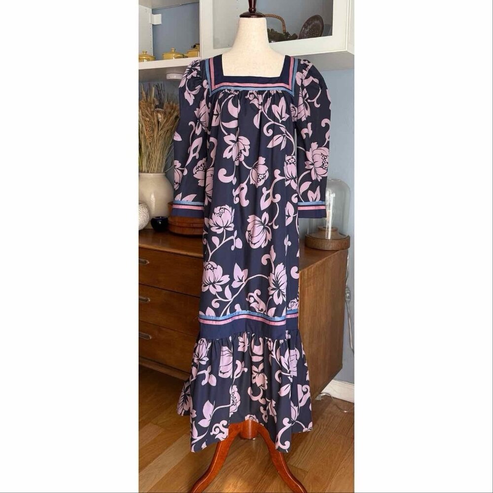 Vintage Almost Paradis Hawaiian Long Dress Small Tropical Flower Ruffle Hem